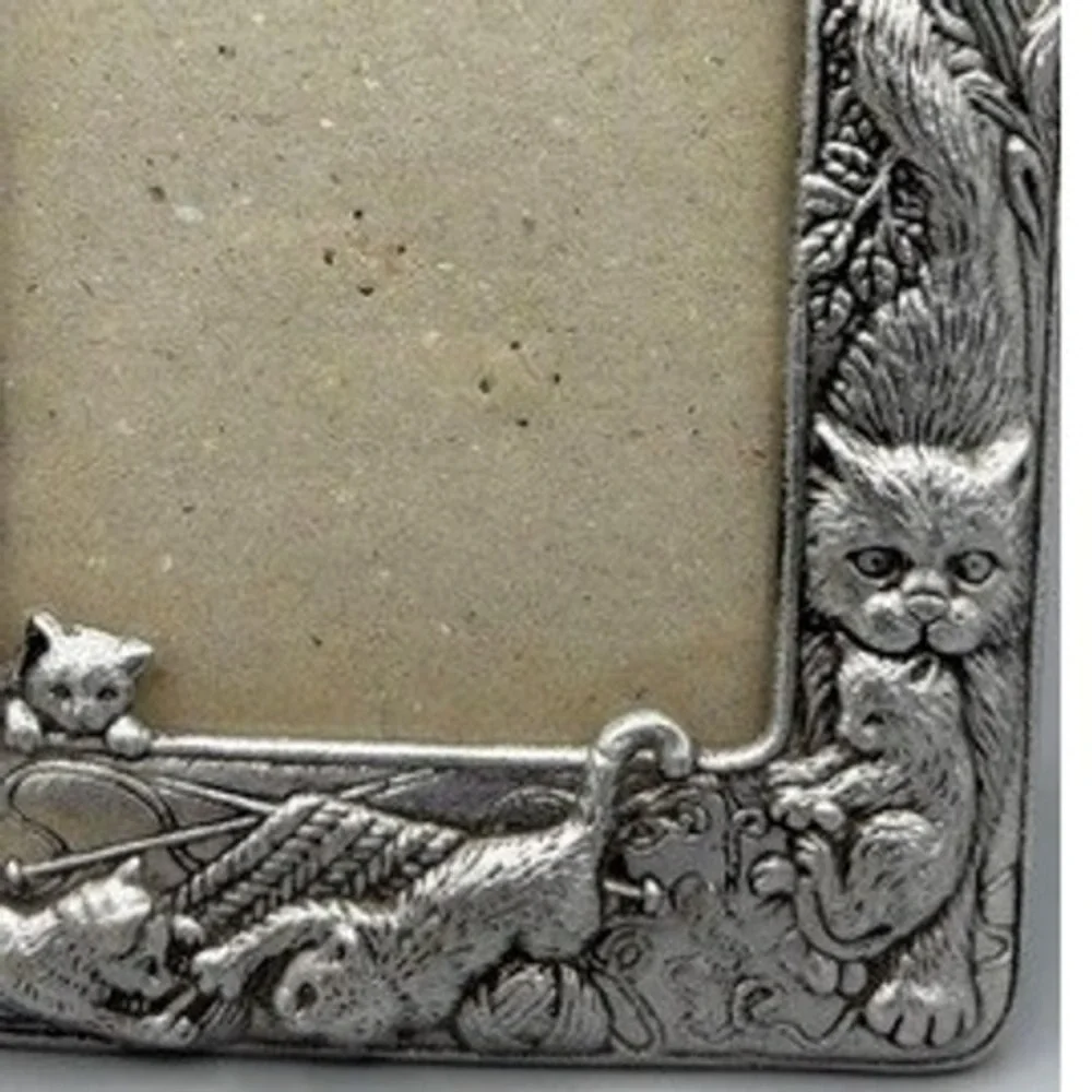 Vintage Pewter Cat Picture Frame Kittens Playing Yarn Silver Tone 4x6